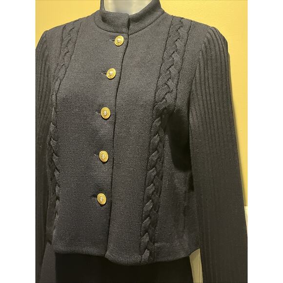 Vtg St John 2pc Skirt Suit Navy Braided Knit, Gold Button Front Jacket Size 0/2 - Picture 6 of 16